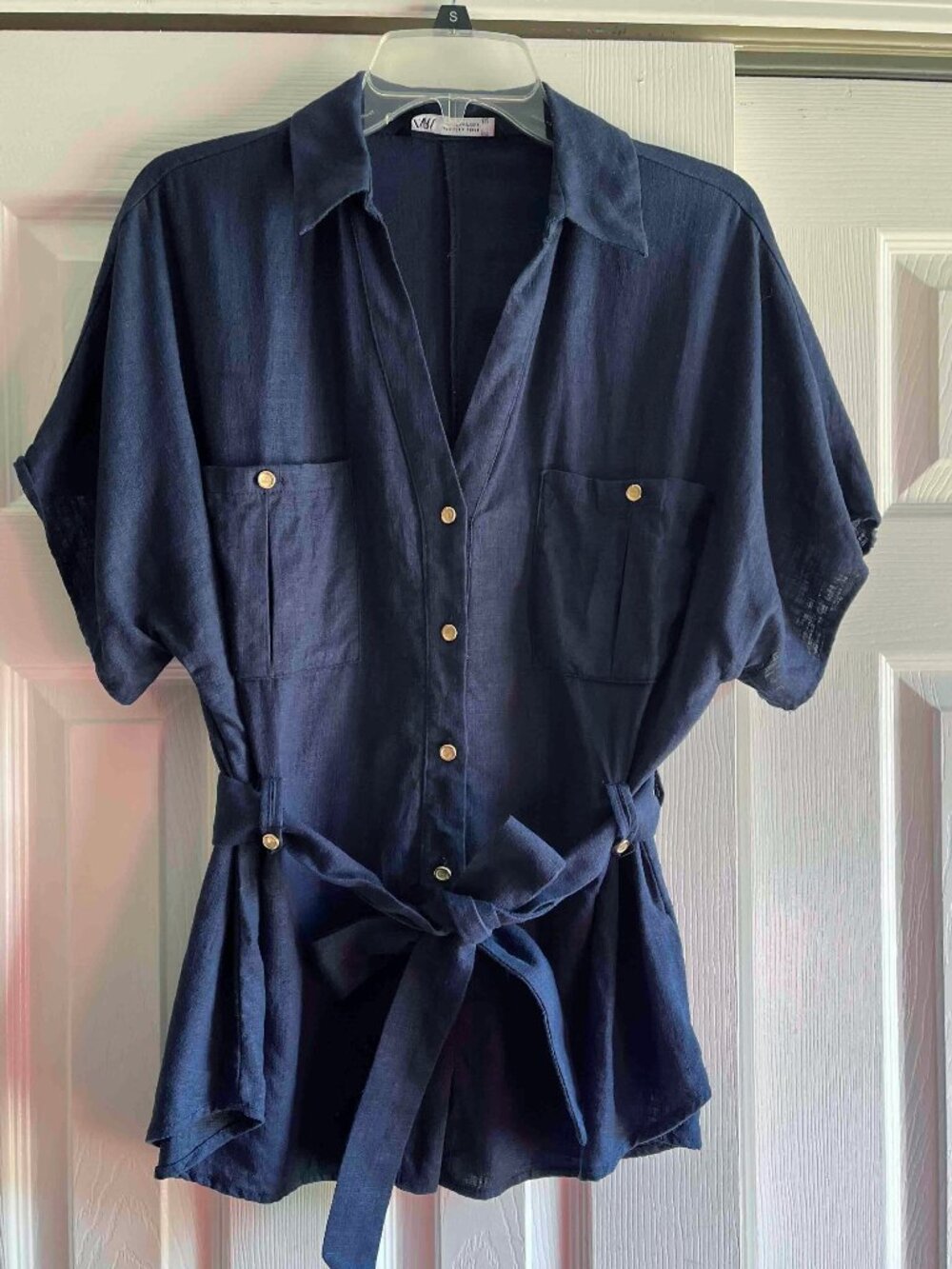 Zara - Navy Blue Button Up Shirt with Tie - M - Linen